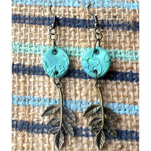 Handmade Brass Mistletoe Leaf Dangle Earrings with Green Clay Charm – 2.75" Long - Picture 2 of 3